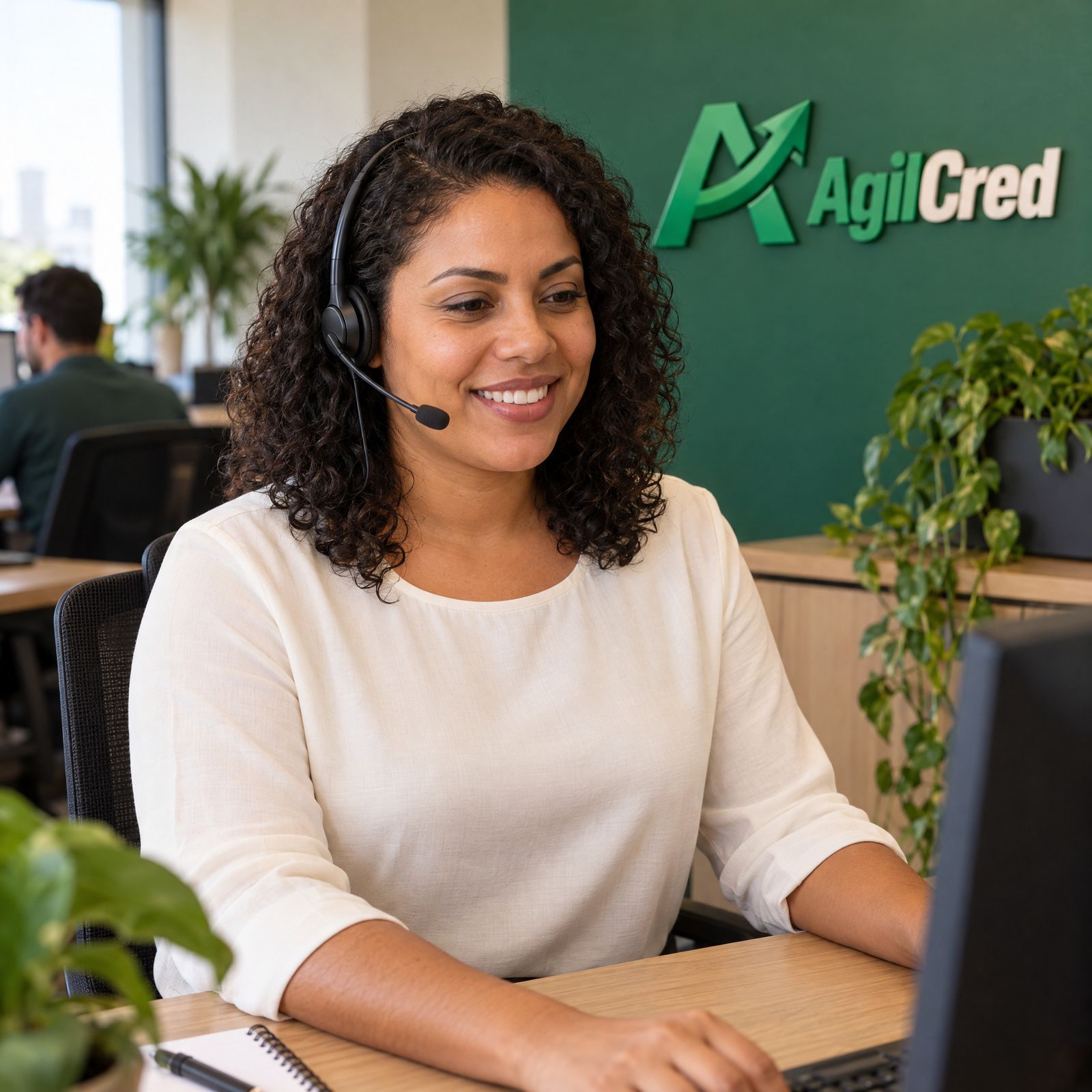 Atendente da AgilCred com headset sorrindo durante atendimento na central