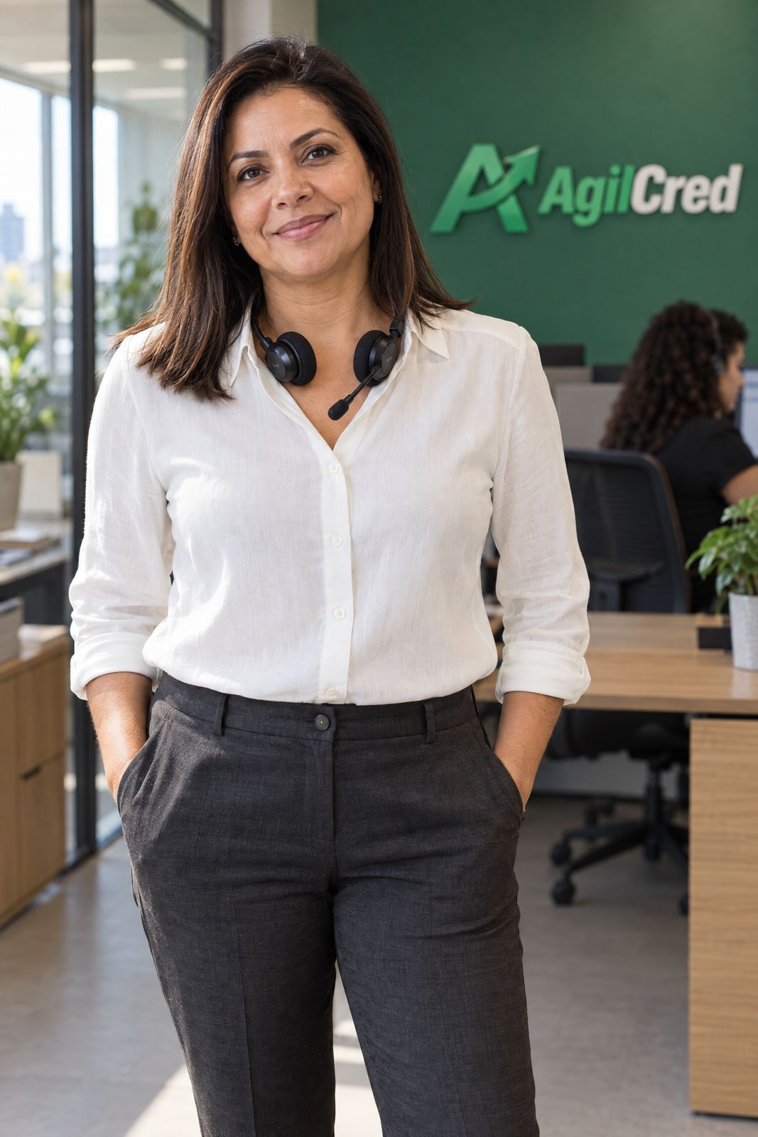 Consultora da AgilCred sorridente na central de atendimento