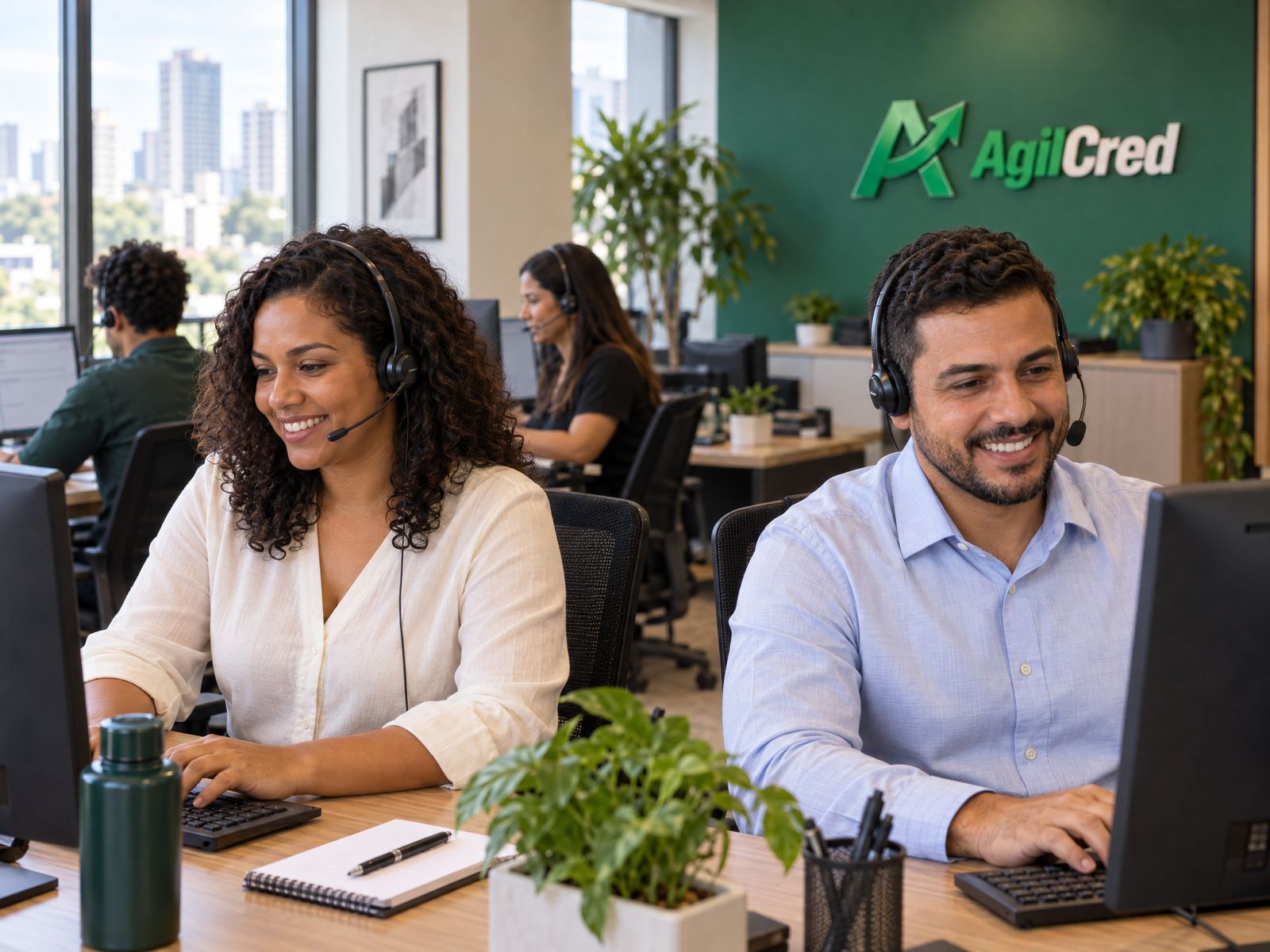 Consultora e consultor da AgilCred atendendo clientes com headset