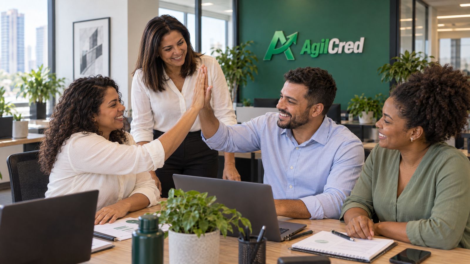 Equipe AgilCred comemorando com um toca-aqui na central